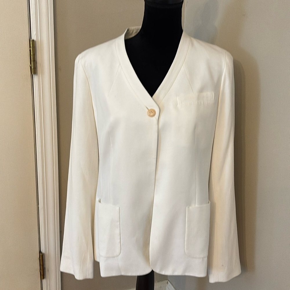 Talbots Blazer Linen Blend Winter White Stretch Collarless Size12